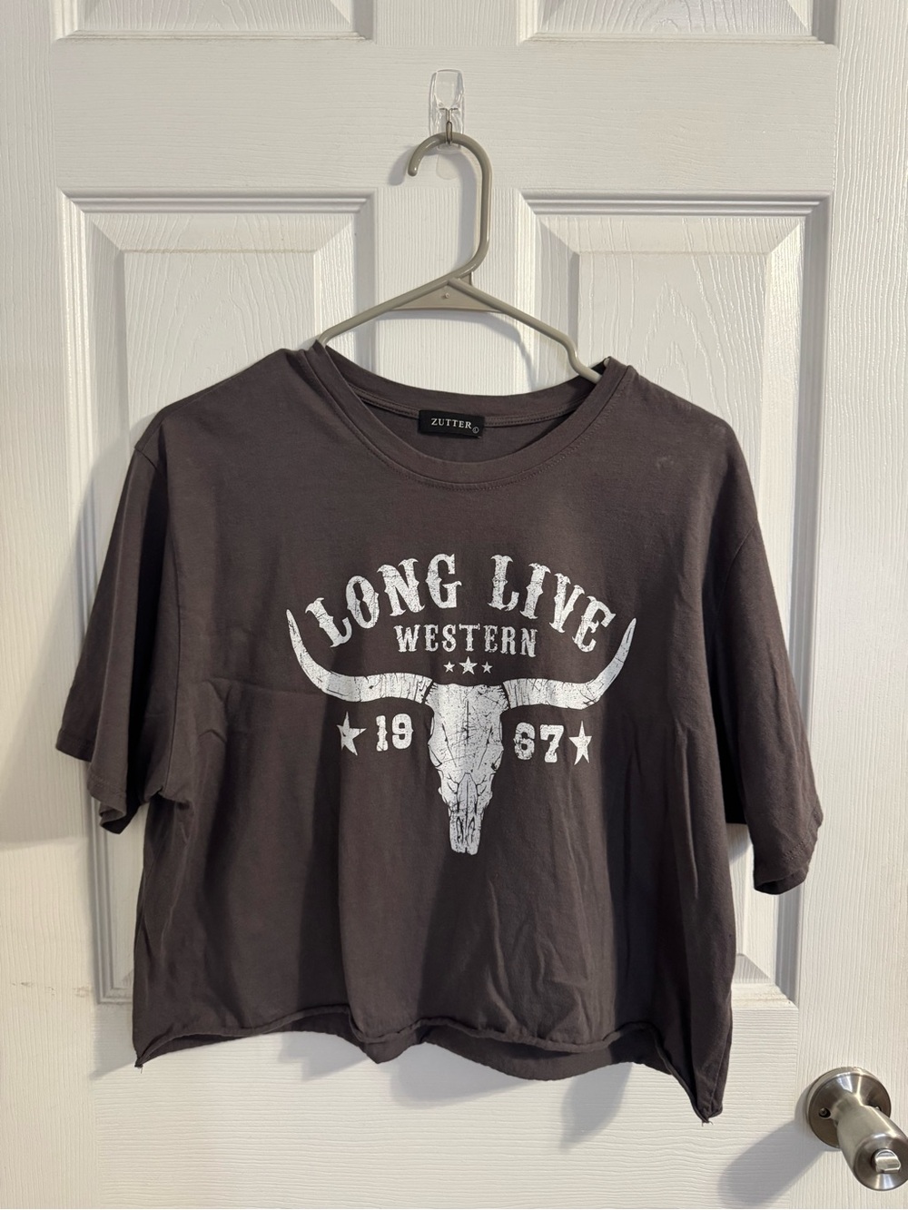 Women’s Gray Zutter Long Live Western Cropped Graphic Short Sleeve Tee - L